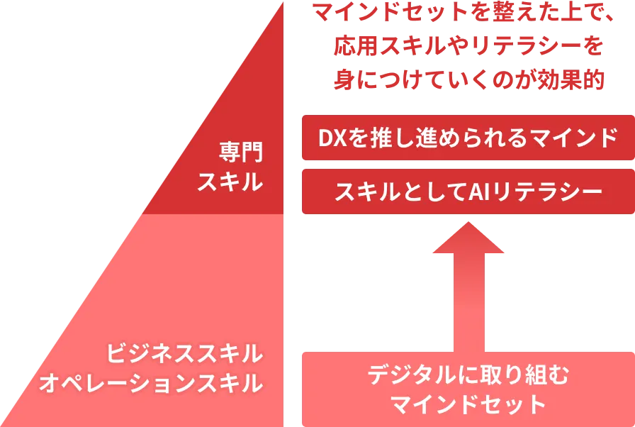 マインドセットを整えた上で、応用スキルやリテラシーを身につけていくのが効果的